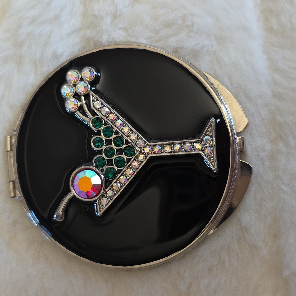 Black Compact Mirror with Rhinestone Martini Design